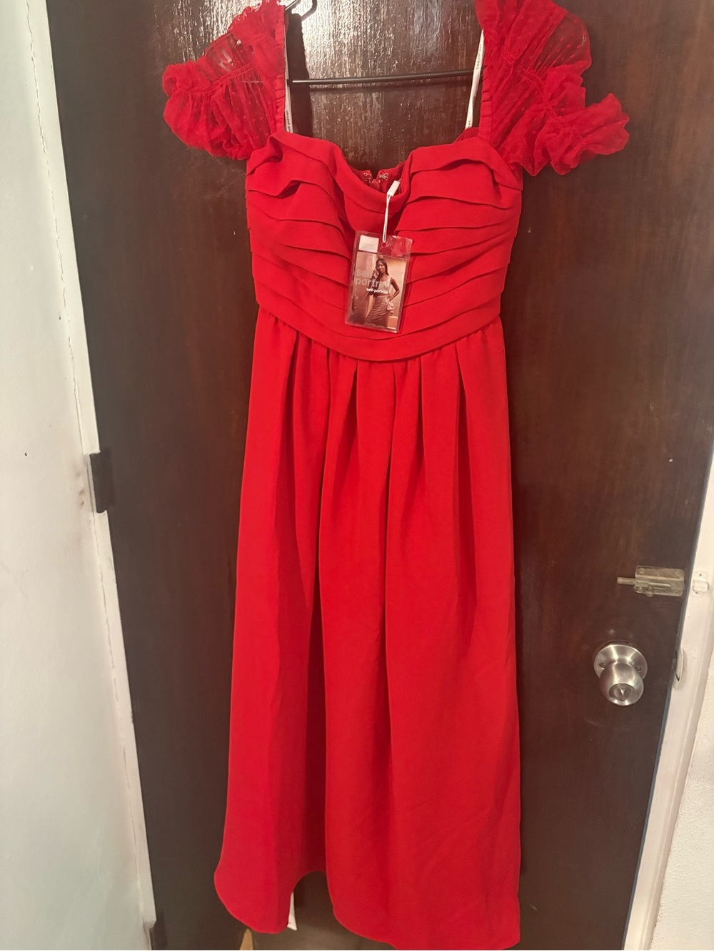 NWT Self-Portrait Red Ruffled Bodice Midi Dress with Sheer Puff Sleeves. Size 4.
